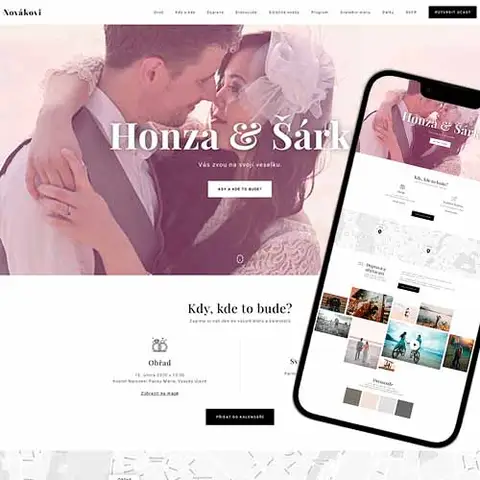 Náhled elegantního svatebního webu, který zvládnete vytvořit do 5 minut a je plně funkční také na mobilu.